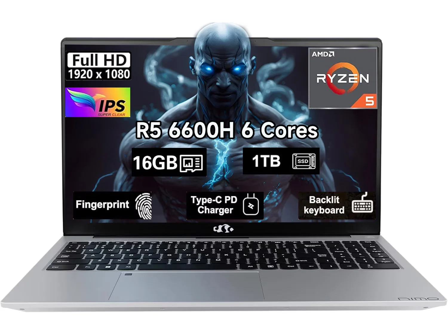 15.6" IPS FHD Gaming Laptop, 6 Cores AMD Ryzen 5 6600H 16GB DDR5 RAM 1TB SSD 660M 6nm GPU-Computer with 100W Type-C Backlit Keyboard, Fingerprint Silvery