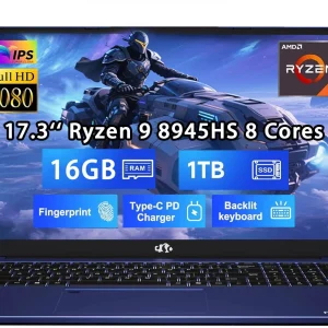 17.3" Gaming Laptop, AMD Ryzen 9 8945HS (Beats i9-13900H, Up to 5.2GHz), AMD Radeon 780M Graphics, 16GB RAM, 1TB SSD, FHD IPS Display, 100W PD, Backlit Keyboard, Fingerprint Blue