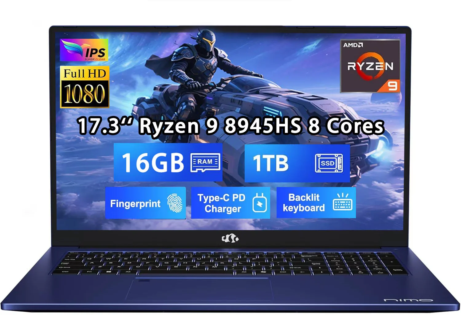 17.3" Gaming Laptop, AMD Ryzen 9 8945HS (Beats i9-13900H, Up to 5.2GHz), AMD Radeon 780M Graphics, 16GB RAM, 1TB SSD, FHD IPS Display, 100W PD, Backlit Keyboard, Fingerprint Blue