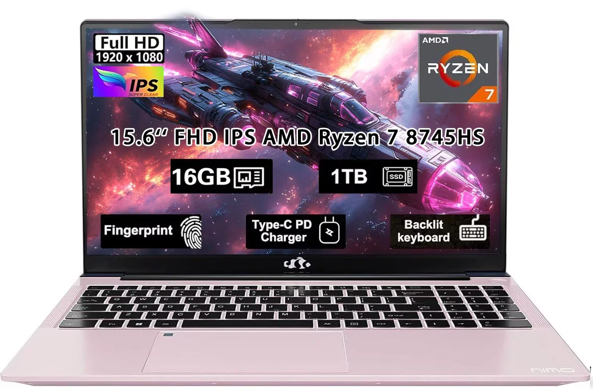 15.6" Gaming Laptop, AMD Ryzen 7 8745HS 8-Core (up to 4.9GHz), Radeon 780M Graphics, 16GB DDR5 RAM, 1TB SSD, FHD IPS Display, 100W Type-C, Backlit Keyboard, Fingerprint RpseGold