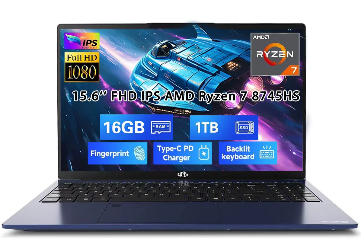 15.6" Gaming Laptop, AMD Ryzen 7 8745HS 8-Core (up to 4.9GHz), Radeon 780M Graphics, 16GB DDR5 RAM, 1TB SSD, FHD IPS Display, 100W Type-C, Backlit Keyboard, Fingerprint Blue