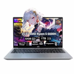 15.6" Gaming Laptop,IPS FHD Laptop AMD Ryzen 5 6600H 6-Cores 660M GPU 32GB DDR5 RAM 1TB SSD(Beat i7-1165G7, Up to 4.5GHz) Computer with 100W GaN Type C Fingerprint Backlit Keyboard Win 11