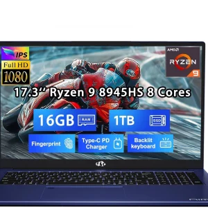 17.3" Gaming Laptop Computer AMD Ryzen 9 8945HS (Beats i9-13900H, Up to 5.2GHz), AMD Radeon 780M Graphics, 16GB RAM, 1TB SSD, FHD IPS Display, 100W PD, Backlit Keyboard, Fingerprint Blue