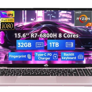 15.6" FHD Gaming Laptop Computer AMD Ryzen 7 6800H 8 Cores 32GB DDR5 RAM 1TB SSD (Up to 4.7GHz) AMD Radeon 680M GPU-Computer with 100W GaN Type-C Backlit Keyboard Fingerprint RoseGold