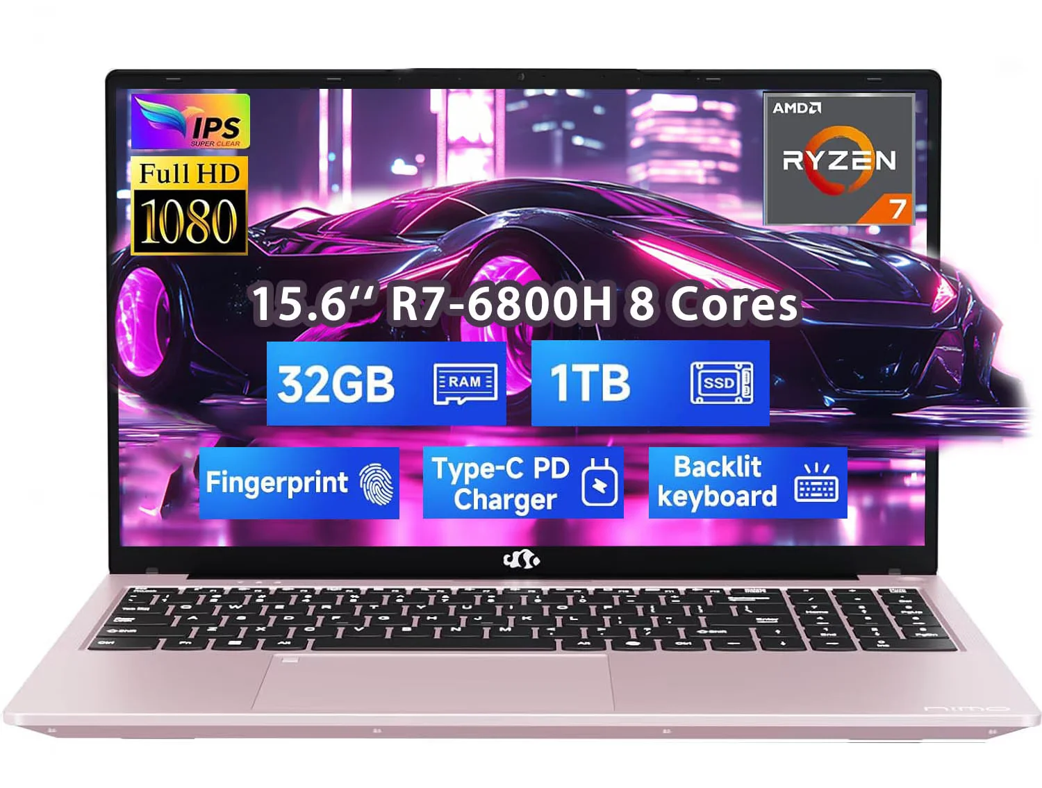 15.6" FHD Gaming Laptop Computer AMD Ryzen 7 6800H 8 Cores 32GB DDR5 RAM 1TB SSD (Up to 4.7GHz) AMD Radeon 680M GPU-Computer with 100W GaN Type-C Backlit Keyboard Fingerprint RoseGold