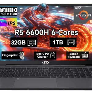 15.6" Windows11 Gaming Laptop Computer AMD Ryzen 5 6600H 32GB DDR5 RAM 1TB SSD 660M 6nm GPU-Computer with 100W Type-C Backlit Keyboard Fingerprint for Business and Student Gray
