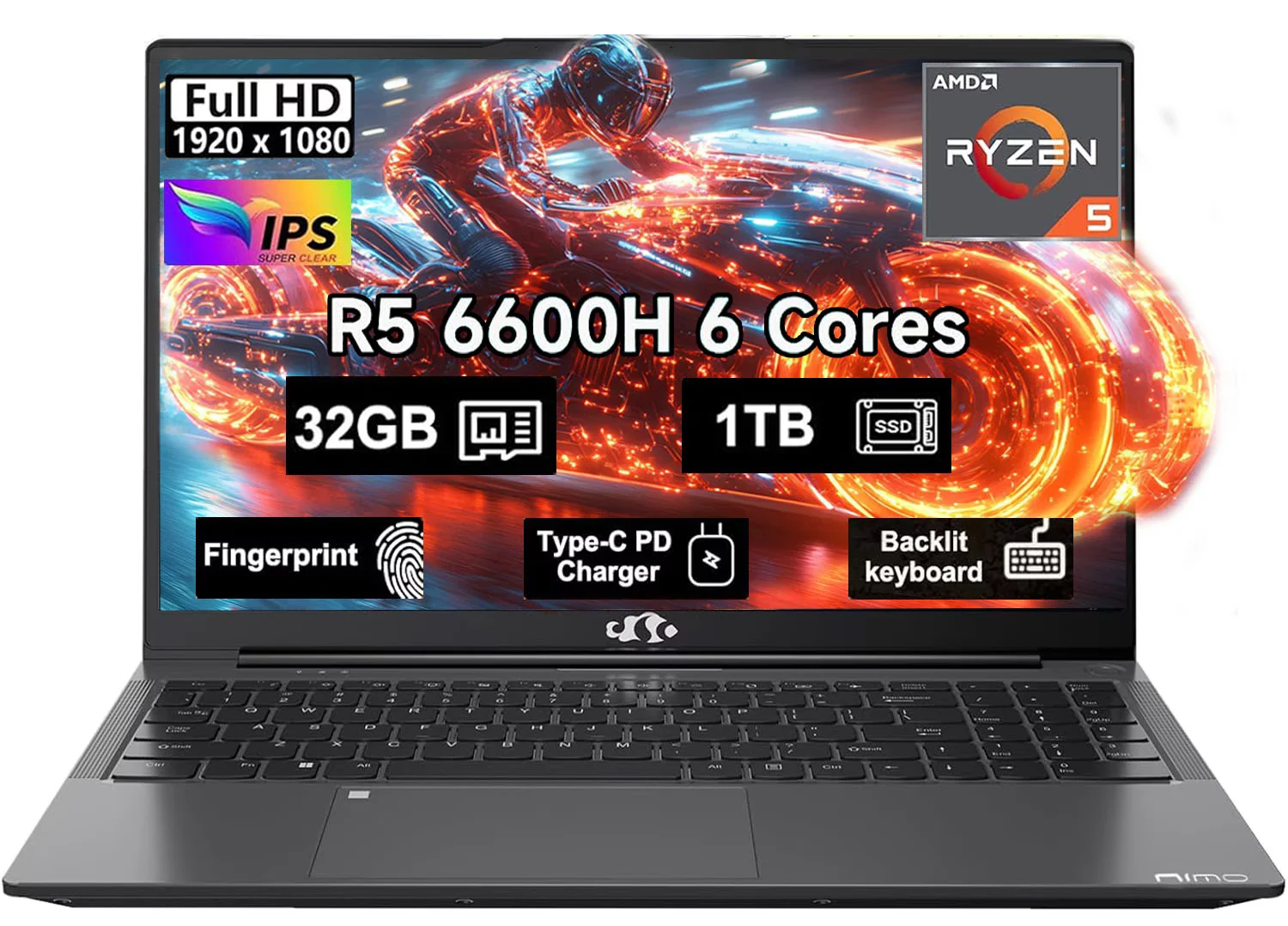15.6" Windows11 Gaming Laptop Computer AMD Ryzen 5 6600H 32GB DDR5 RAM 1TB SSD 660M 6nm GPU-Computer with 100W Type-C Backlit Keyboard Fingerprint for Business and Student Gray