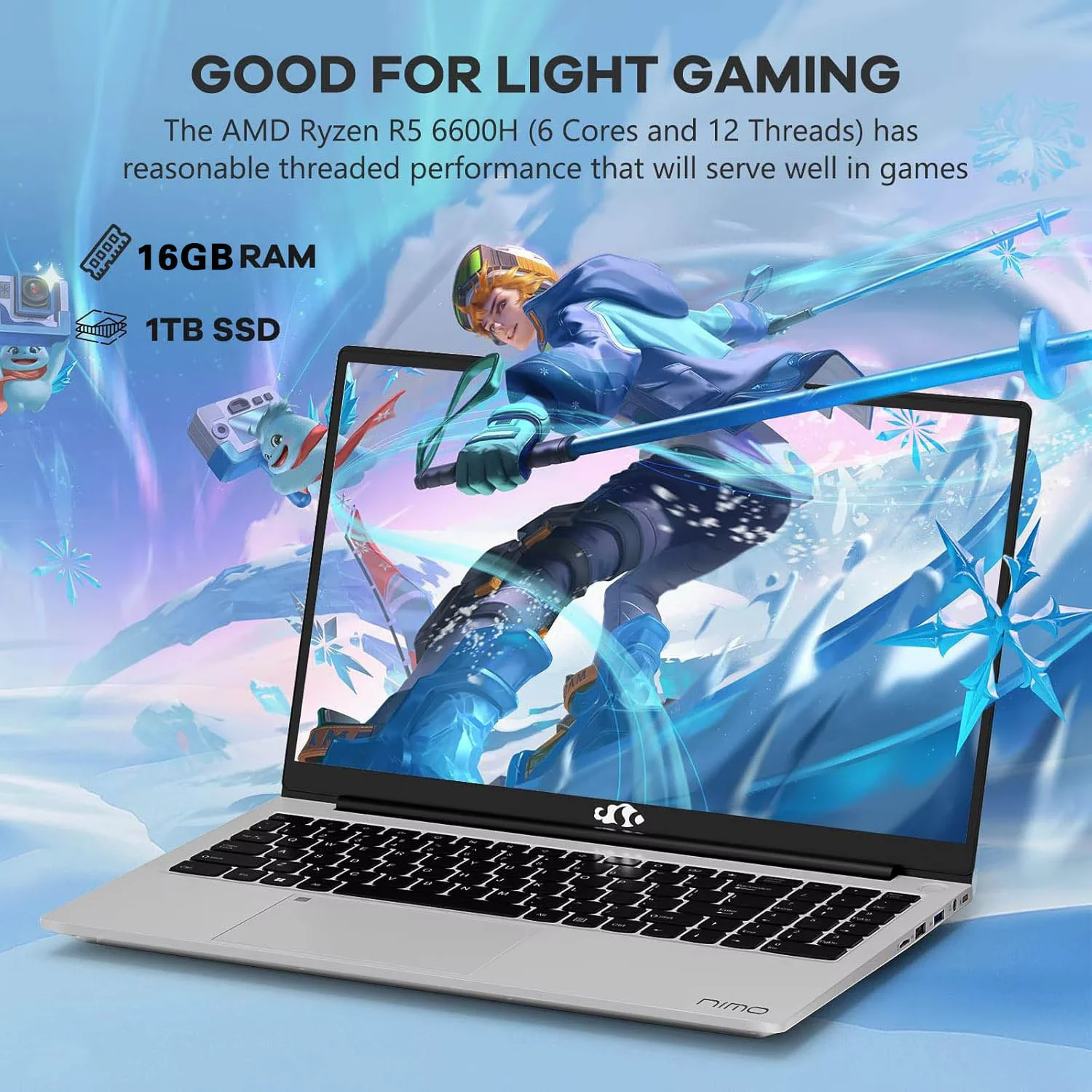 15.6" Windows11 Gaming Laptop Computer AMD Ryzen 5 6600H 32GB DDR5 RAM 1TB SSD 660M 6nm GPU-Computer with 100W Type-C Backlit Keyboard Fingerprint for Business and Student Silvery - Image 2