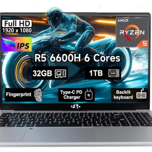 15.6" Windows11 Gaming Laptop Computer AMD Ryzen 5 6600H 32GB DDR5 RAM 1TB SSD 660M 6nm GPU-Computer with 100W Type-C Backlit Keyboard Fingerprint for Business and Student Silvery