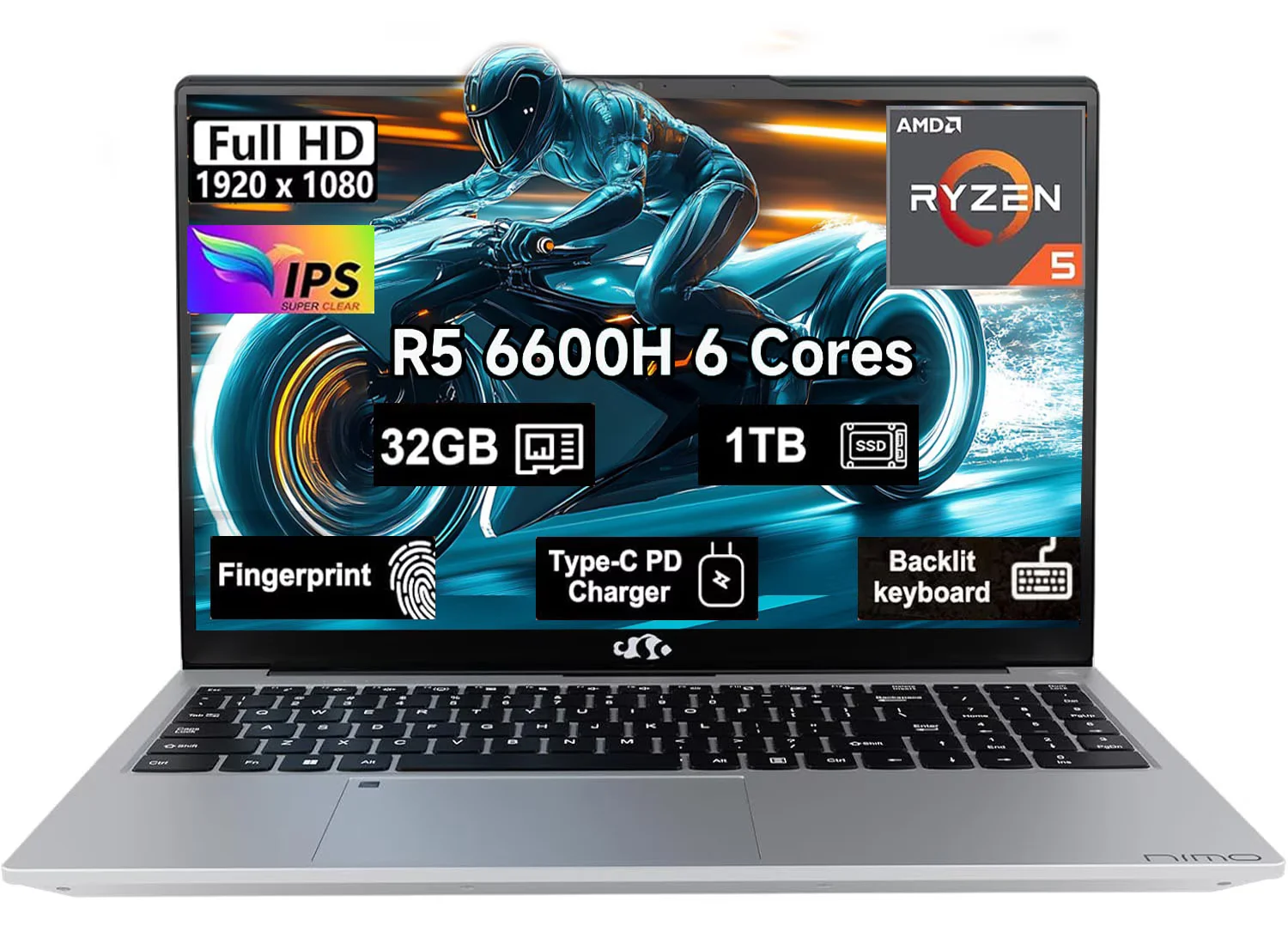 15.6" Windows11 Gaming Laptop Computer AMD Ryzen 5 6600H 32GB DDR5 RAM 1TB SSD 660M 6nm GPU-Computer with 100W Type-C Backlit Keyboard Fingerprint for Business and Student Silvery