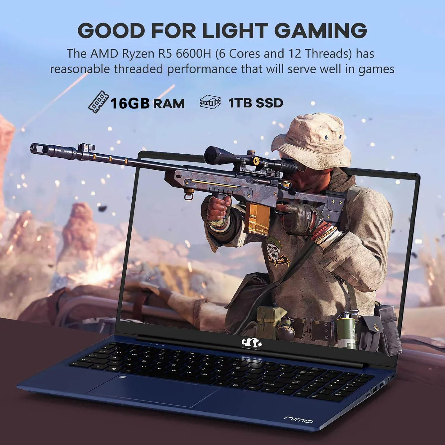 15.6" Windows11 Gaming Laptop Computer AMD Ryzen 5 6600H 32GB DDR5 RAM 1TB SSD 660M 6nm GPU-Computer with 100W Type-C Backlit Keyboard Fingerprint for Business and Student Blue - Image 2