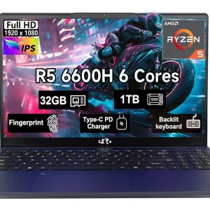 15.6" Windows11 Gaming Laptop Computer AMD Ryzen 5 6600H 32GB DDR5 RAM 1TB SSD 660M 6nm GPU-Computer with 100W Type-C Backlit Keyboard Fingerprint for Business and Student Blue
