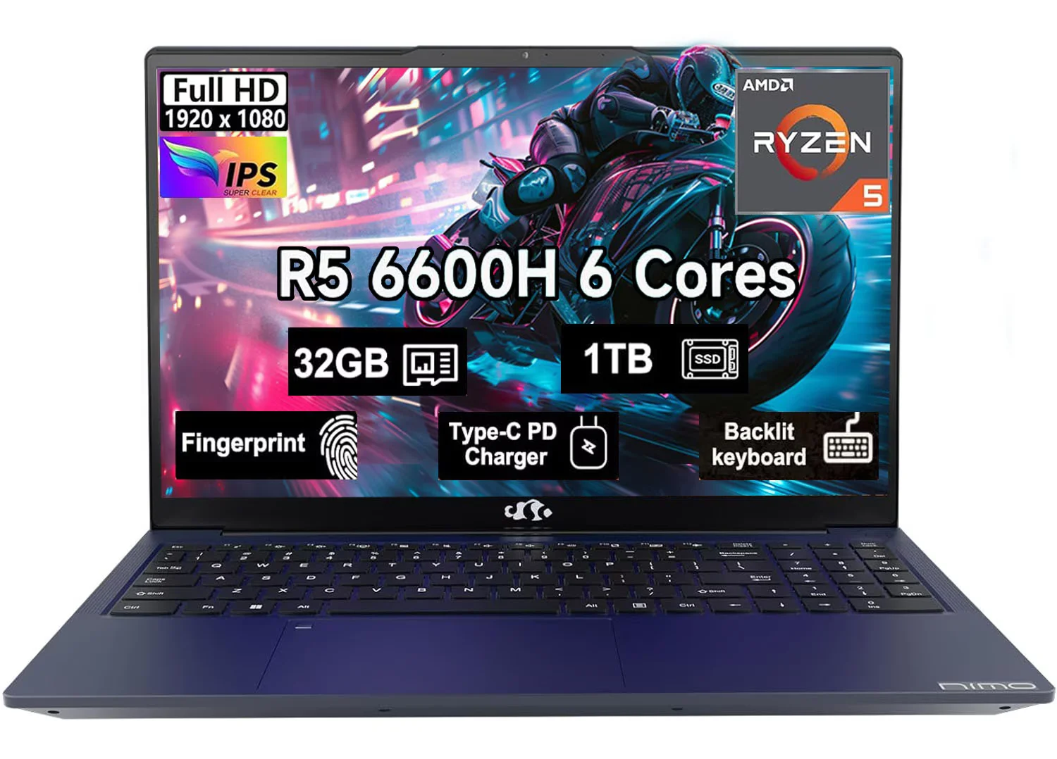 15.6" Windows11 Gaming Laptop Computer AMD Ryzen 5 6600H 32GB DDR5 RAM 1TB SSD 660M 6nm GPU-Computer with 100W Type-C Backlit Keyboard Fingerprint for Business and Student Blue