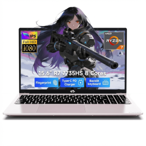 15.6" FHD Gaming Laptop 64GB DDR5 RAM 1TB NVMe SSD AMD Ryzen 7 7735HS (8 Cores Up to 4.75GHz) with Radeon 680M Graphics 100W PD Type-C Backlit Keyboard Fingerprint Unlock RoseGold