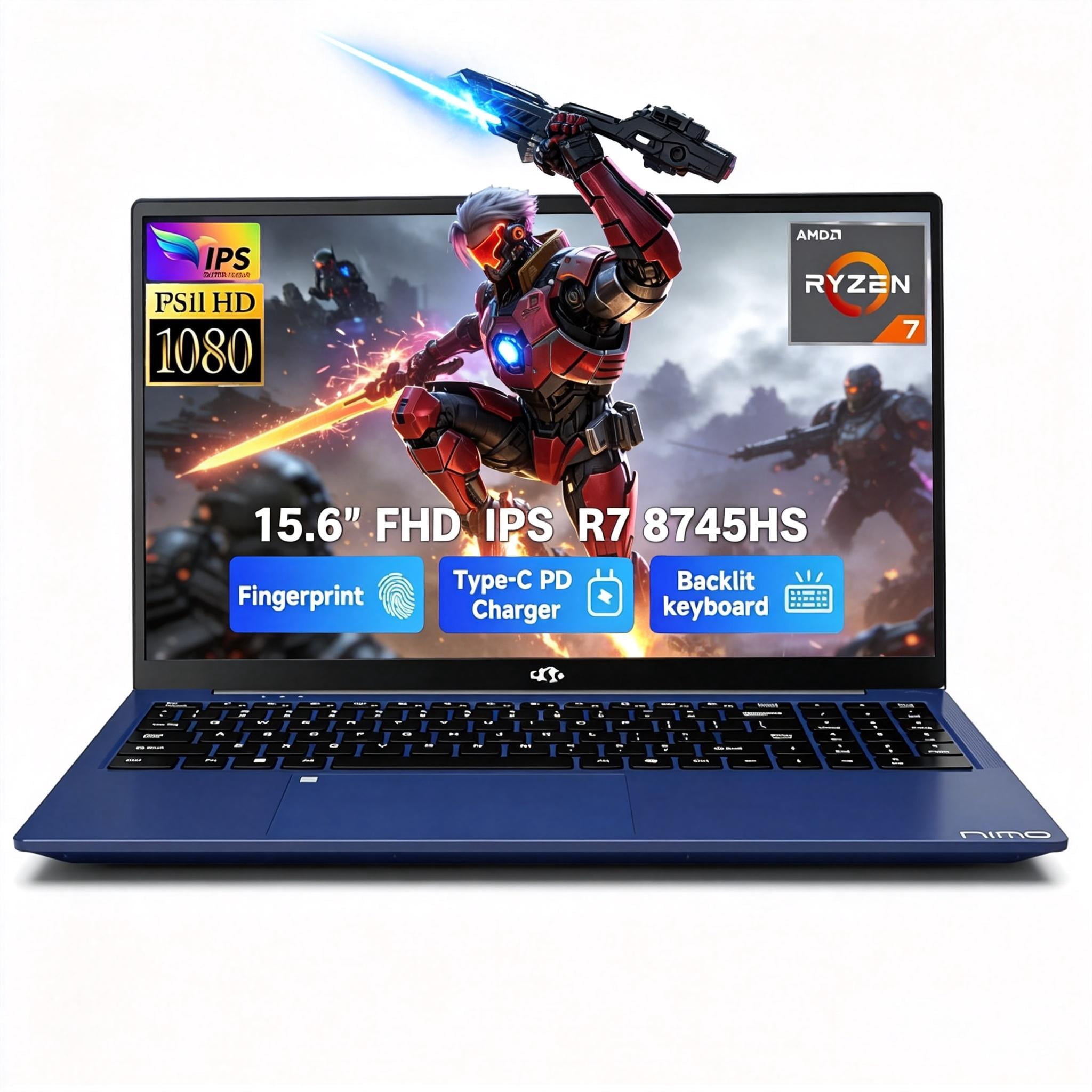 15.6" IPS FHD Gaming Laptop 32GB DDR5 RAM 1TB SSD AMD Ryzen 7 8745HS (8 Cores Up to 4.9GHz) Radeon 780M Graphics with 100W Type-C Backlit Keyboard Fingerprint USB4.0 Blue