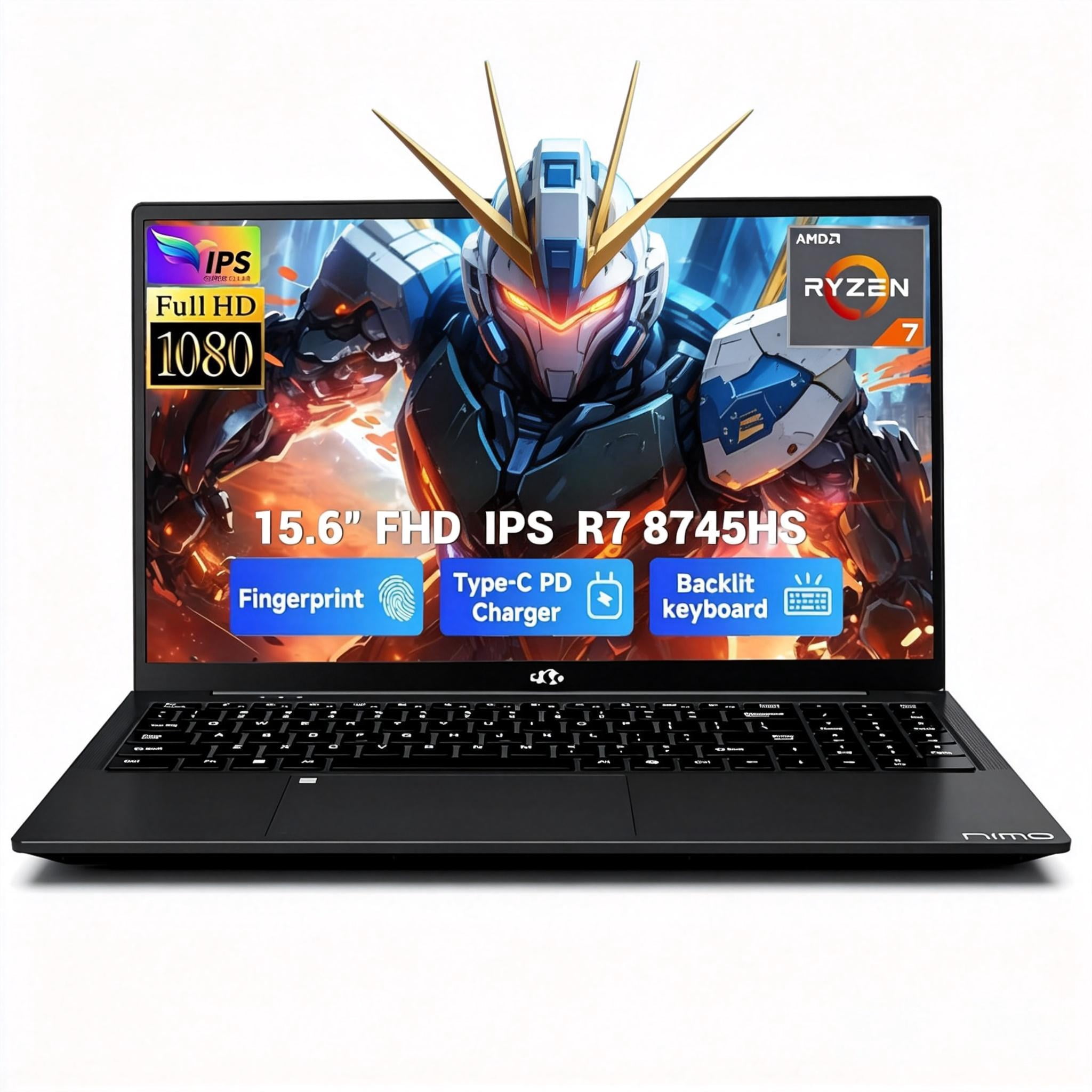 15.6" IPS FHD Laptop 32GB DDR5 RAM 2TB SSD AMD Ryzen 7 8745HS (8 Cores Up to 4.9GHz) Radeon 780M Graphics with 100W USB-C 4.0 Backlit Keyboard Fingerprint Black