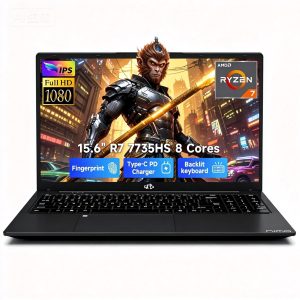 15.6" FHD Gaming Laptop 16GB DDR5 512GB NVMe SSD AMD Ryzen 7 7735HS (8 Cores Up to 4.75GHz) with Radeon 680M Graphics-Backlit Keyboard Fingerprint Unlock 100W PD Type-C Black