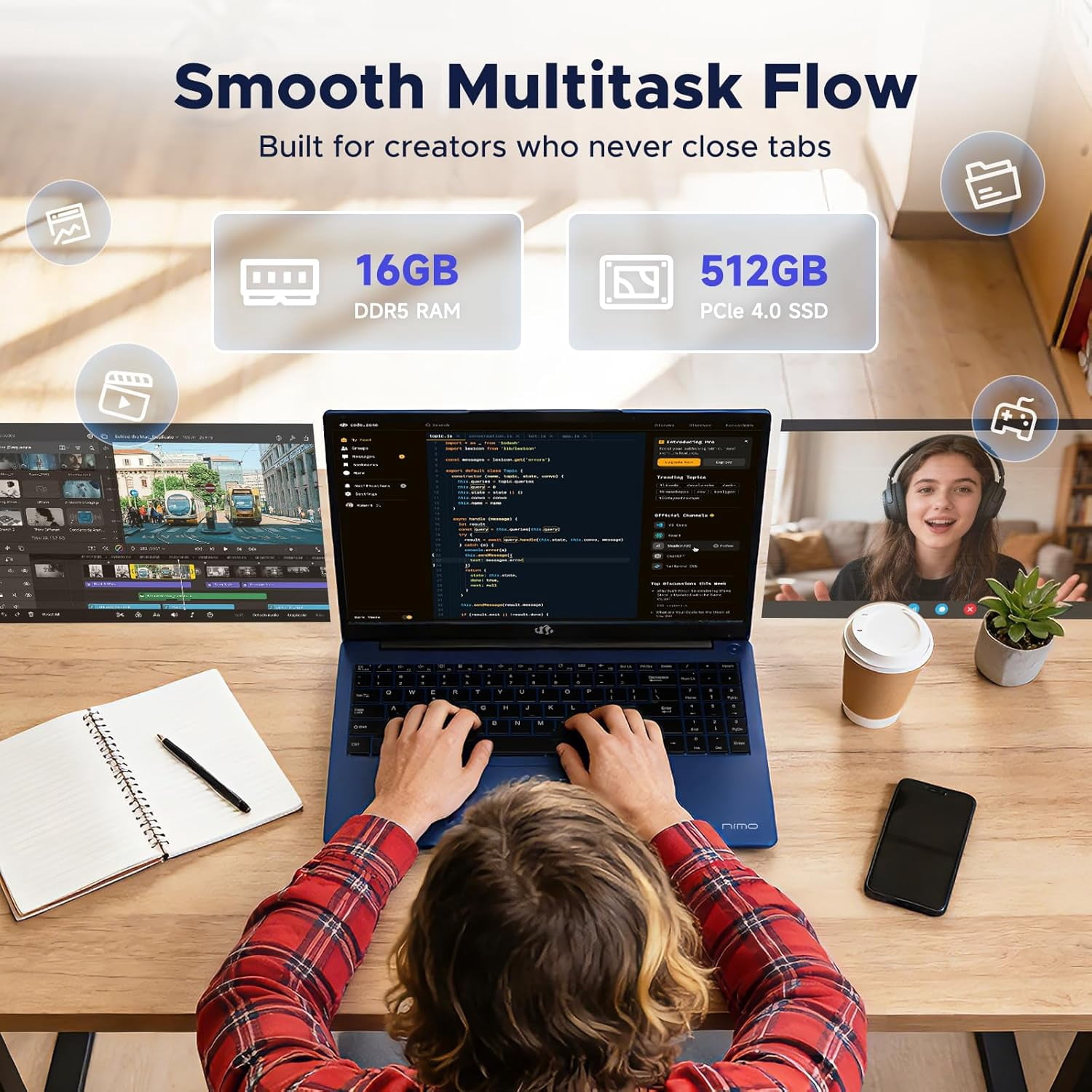 15.6" FHD Creator Laptop 32GB DDR5 RAM 1TB SSD AMD Ryzen 7 8745HS (Up to 4.9GHz) with AMD Radeon 780M GPU-15.5H All-Day Battery-WiFi 6E-USB4-2-Year Warranty Blue - Image 4
