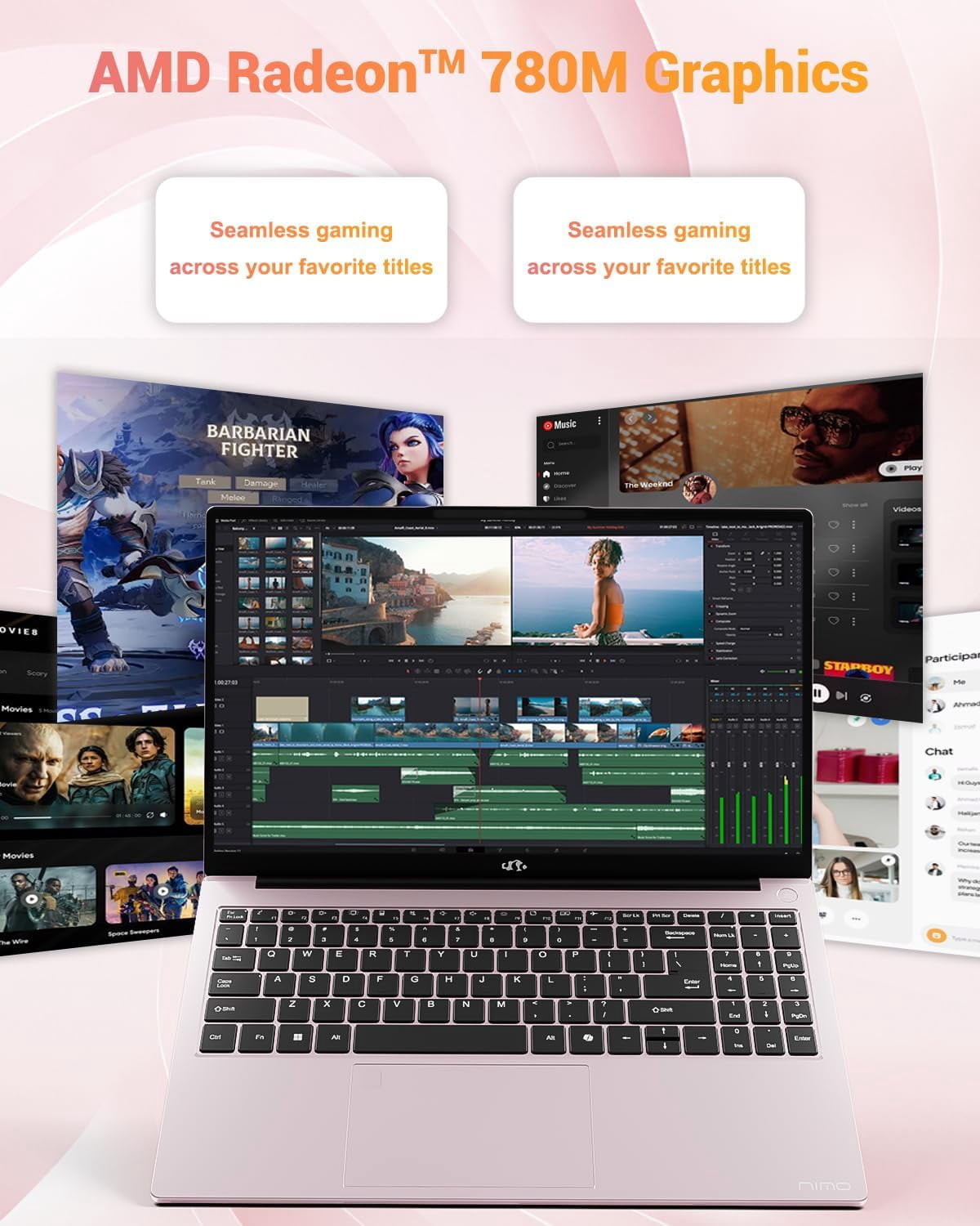 15.6" IPS FHD Gaming Laptop 64GB DDR5 RAM 2TB SSD AMD Ryzen 7 8745HS (8 Cores Up to 4.9GHz) Radeon 780M Graphics with 100W Type-C Backlit Keyboard Fingerprint USB-C 4.0 RoseGold - Image 3