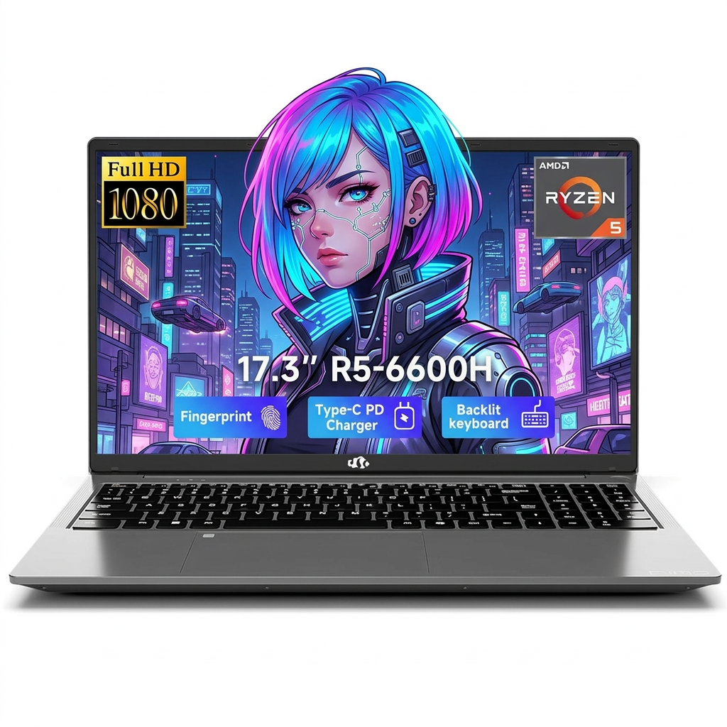 17.3" IPS FHD Gaming Laptop 16GB DDR5 RAM 1TB SSD AMD Ryzen 5 6600H (Beat i7-1165G7 Up to 4.5GHz) Radeon 660M GPU-Computer with 100W Type-C Backlit Keyboard Fingerprint Gray
