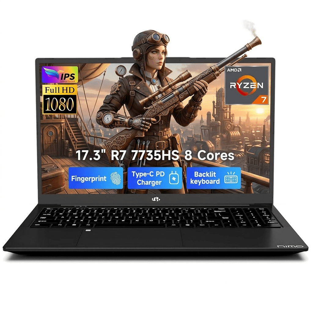 17.3" FHD Gaming Laptop 32GB DDR5 RAM 1TB SSD AMD Ryzen 7 7735HS (8C/16T, Beats i7-12650H) with AMD Radeon 680M 100W Type-C Wi-Fi 6E Backlit Keyboard Fingerprint Black