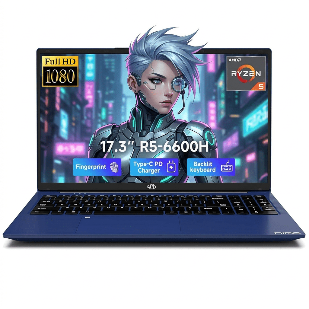 17.3" IPS FHD Gaming Laptop 16GB DDR5 RAM 1TB SSD AMD Ryzen 5 6600H (Beat i7-1165G7 Up to 4.5GHz) Radeon 660M GPU with 100W Type-C Backlit Keyboard Fingerprint Blue