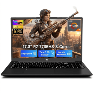 17.3" FHD Gaming Laptop 64GB DDR5 RAM 1TB SSD AMD Ryzen 7 7735HS (8 Cores/16 Threads, Beats i7-12650H) with Radeon 680M Graphics 100W Type-C Wi-Fi 6E Backlit Keyboard Fingerprint Black