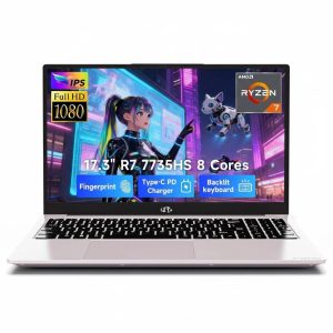 17.3" FHD Gaming Laptop 32GB DDR5 RAM 1TB SSD AMD Ryzen 7 7735HS Processor (8 Cores/16 Threads, Beats i7-12650H) with Radeon 680M Graphics 100W Type-C Wi-Fi 6E Backlit Keyboard Fingerprint RoseGold