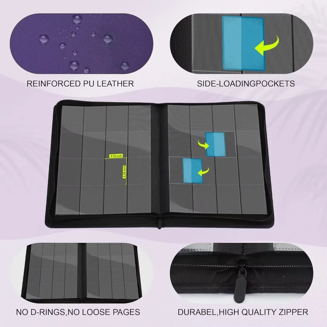 Trading Cards Album Binder with 16 Pockets and 32 double-sided sheets. binder storage case can accommodate a maximum of 1000+ cards and is perfectly suited for TCG, MTG, football cards etc - purple