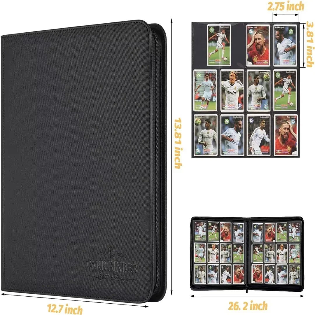 Trading Cards Album Binder with 12 Pockets and 30 double-sided sheets. binder storage case can accommodate a maximum of 720 cards and is perfectly suited for TCG, MTG, football cards etc - black
