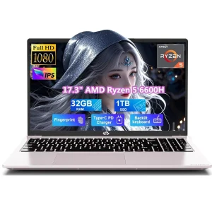 17.3" IPS FHD Gaming Laptop, 6 Cores AMD Ryzen 5 6600H 32GB DDR5 RAM 1TB SSD (Beat i7-1165G7 up to 4.5GHz) 660M 6nm GPU-Computer with 100W Type-C Backlit Keyboard, Fingerprint Win 11 RoseGold