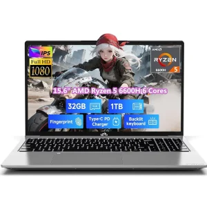 15.6" IPS FHD Gaming Laptop, AMD Ryzen 5 6600H 6 Cores 32GB DDR5 RAM 1TB SSD (Beat i7-1165G7, Up to 4.5GHz) Radeon 660M GPU-Computer with 100W Type-C Backlit Keyboard Fingerprint Win 11 Silver