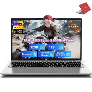 15.6" IPS FHD Gaming Laptop, AMD Ryzen 5 6600H 6 Cores 32GB DDR5 RAM 1TB SSD (Beat i7-1165G7, Up to 4.5GHz) Radeon 660M GPU-Computer with 100W Type-C Backlit Keyboard Fingerprint Win 11 Red