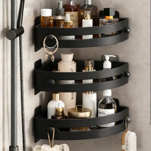 3-Tier Corner Shower Shelf No Drilling Adhesive Wall Mounted Bathroom Organizer, Self-Adhesive Drill-Free Bathroom Shower Caddy with Ventilated Quick-Dry Design & Strong Hold for Space Saving - Black