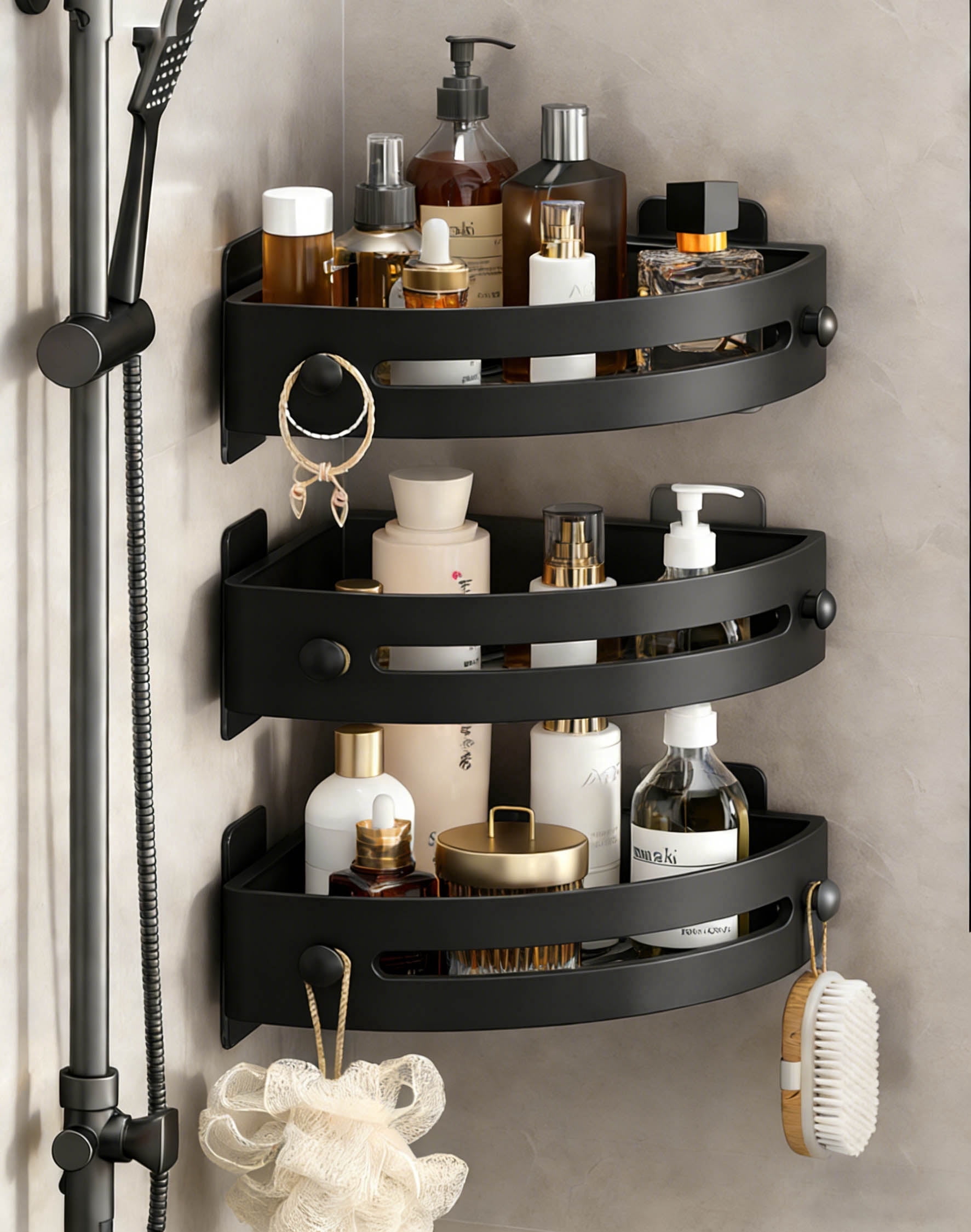 3-Tier Corner Shower Shelf No Drilling Adhesive Wall Mounted Bathroom Organizer, Self-Adhesive Drill-Free Bathroom Shower Caddy with Ventilated Quick-Dry Design & Strong Hold for Space Saving - Black