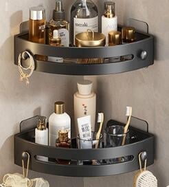 2-Tier Corner Shower Shelf No Drilling Adhesive Wall Mounted Bathroom Storage Organizer, Self-Adhesive Drill-Free Quick-Dry Ventilated Durable Space Saving Shower Caddy for Bath Corner - Black