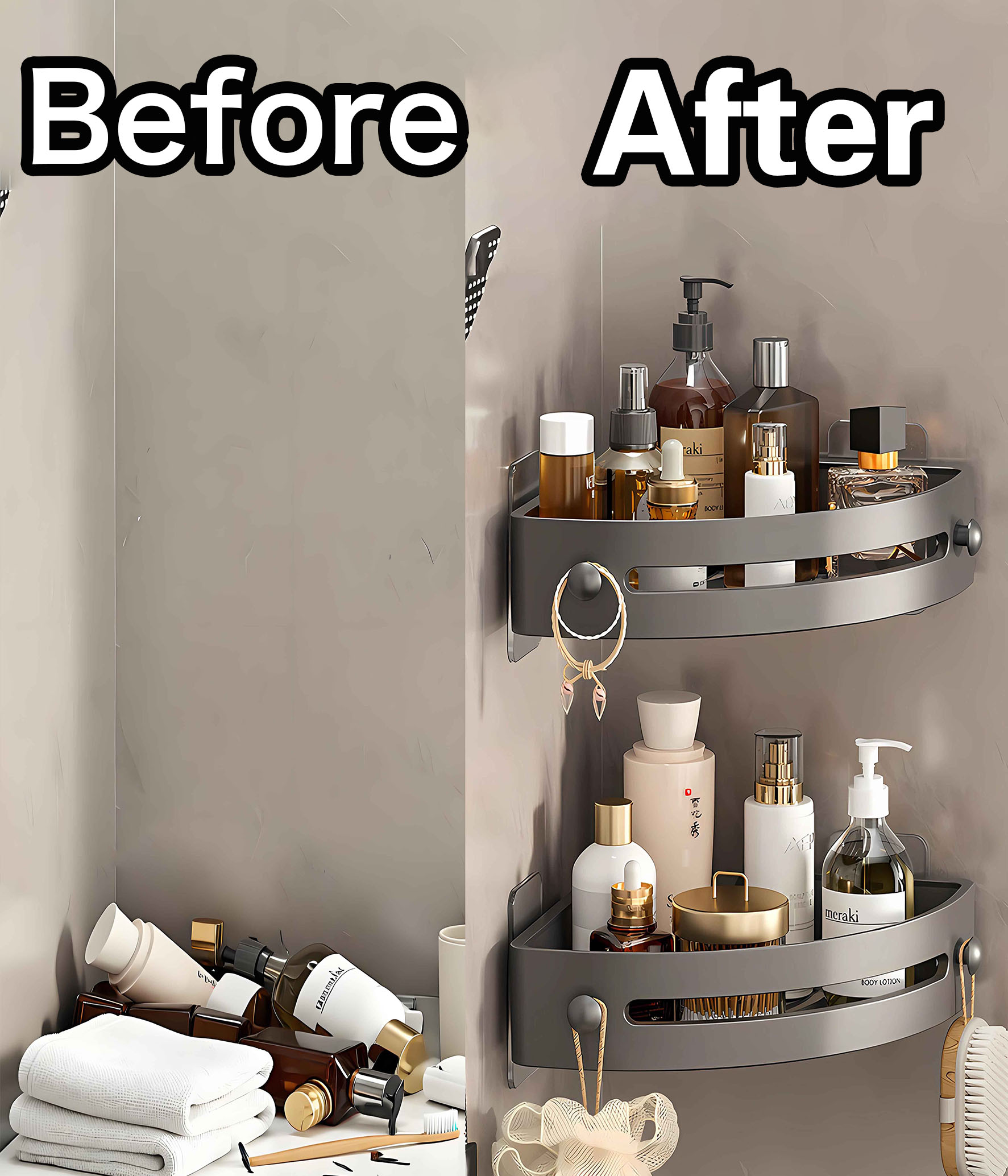 2-Tier Corner Shower Shelf No Drilling Adhesive Bathroom Shower Caddy, No Hooks PP Corner Shelf Organizer with 24lbs Strong Hold for Shower Bathroom, Gray