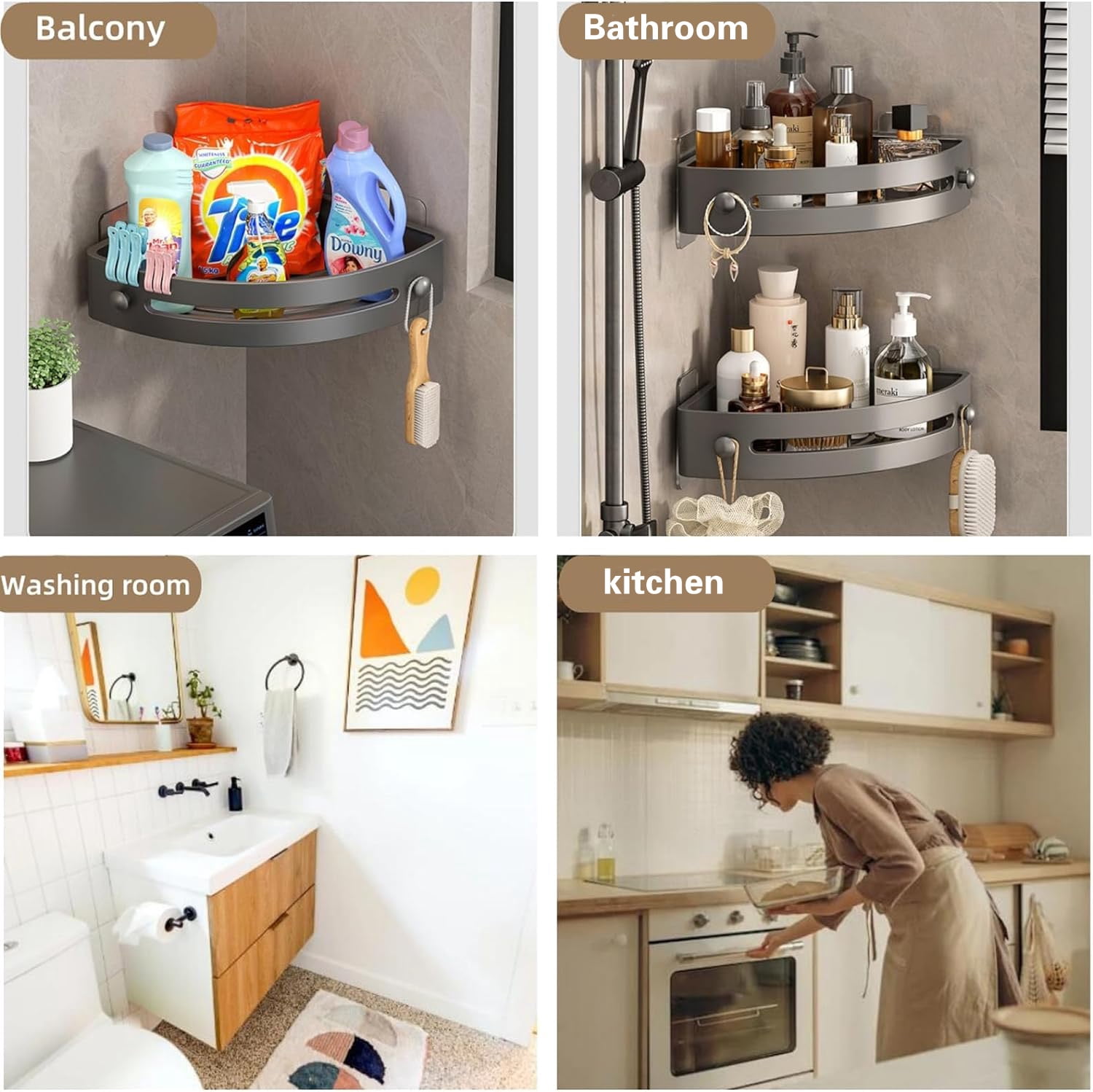 2-Tier Corner Shower Shelf No Drilling Adhesive Bathroom Shower Caddy, No Hooks PP Corner Shelf Organizer with 24lbs Strong Hold for Shower Bathroom, Gray