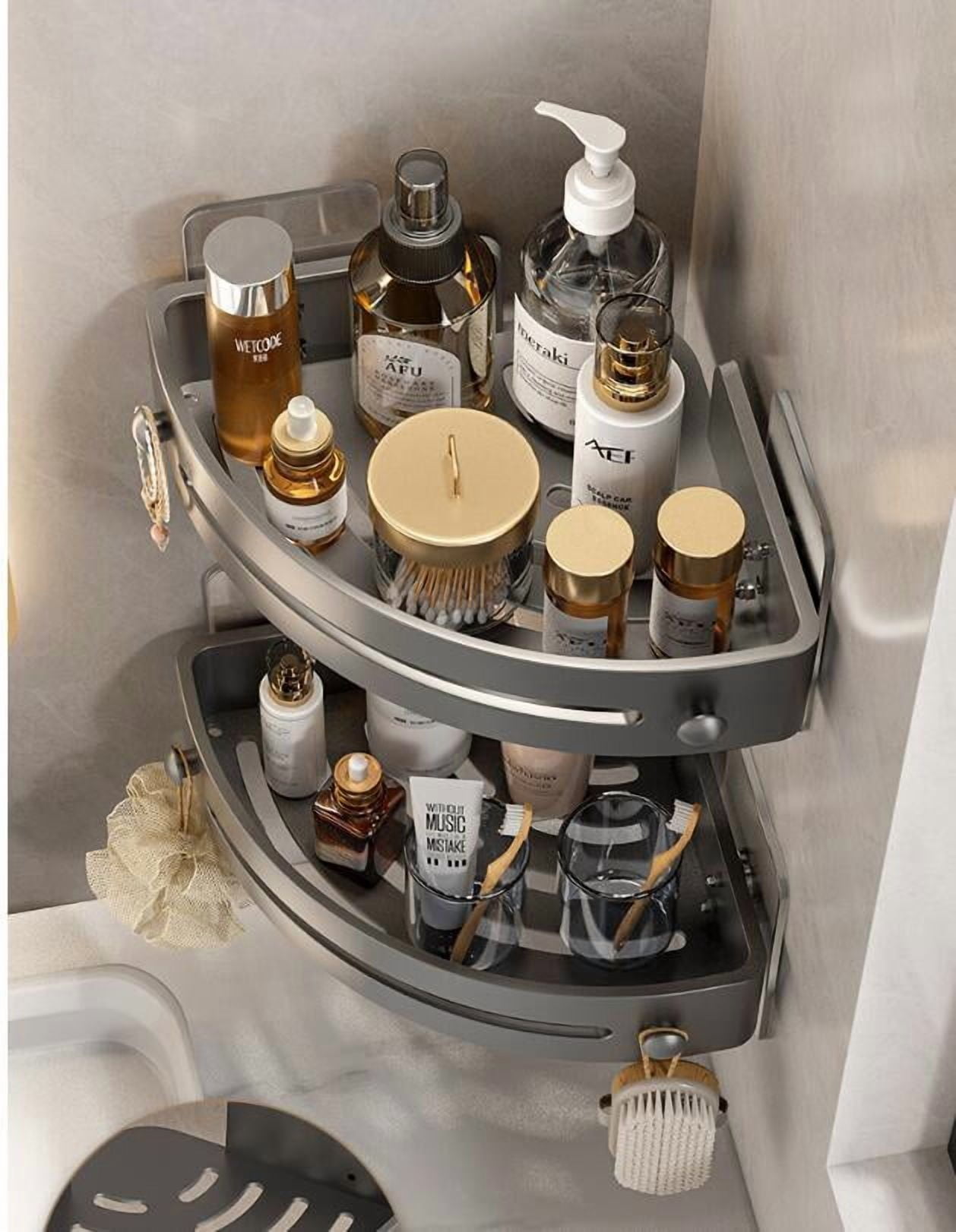 2-Tier Corner Shower Shelf No Drilling Adhesive Bathroom Shower Caddy, No Hooks PP Corner Shelf Organizer with 24lbs Strong Hold for Shower Bathroom, Gray
