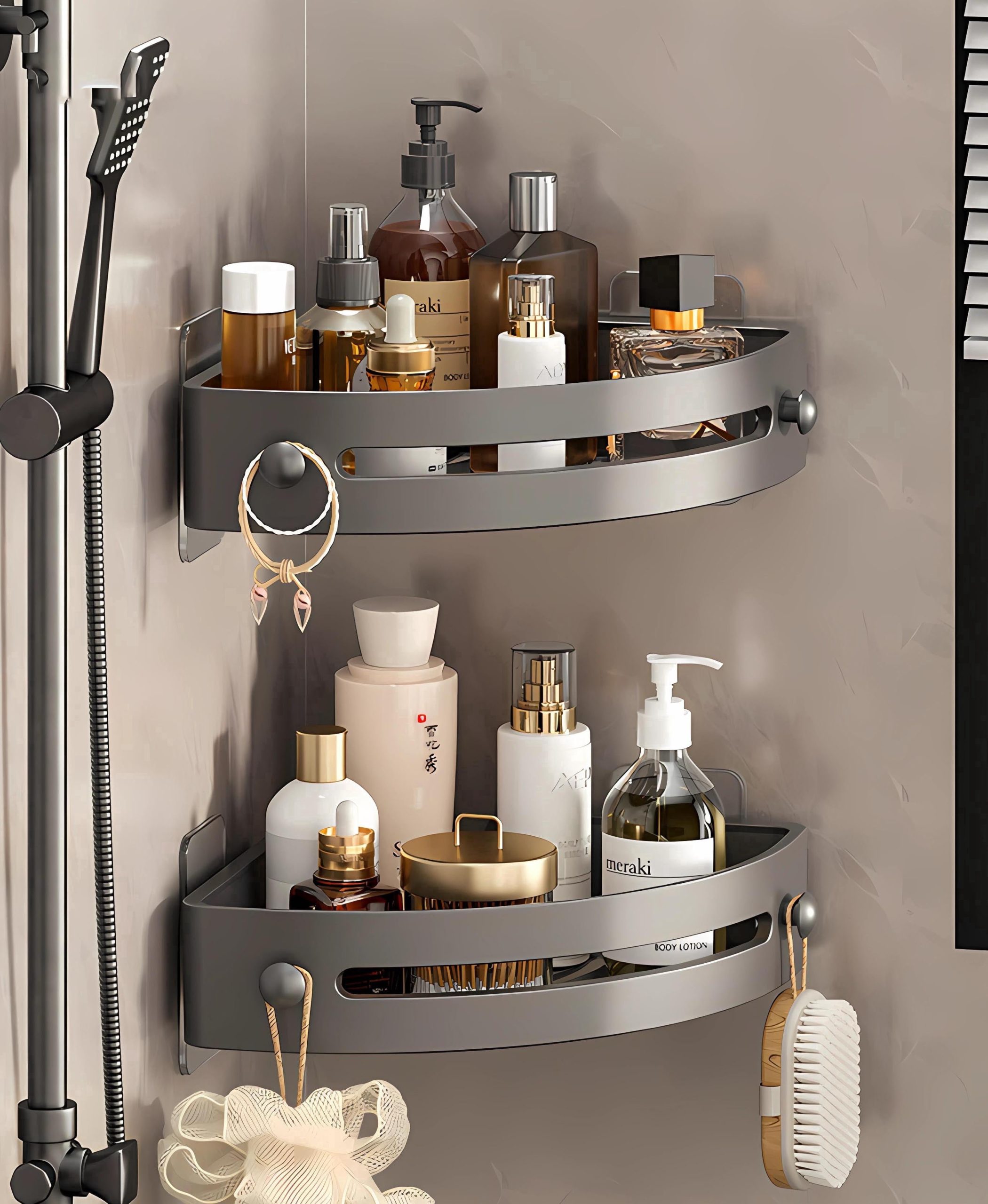 2-Tier Corner Shower Shelf No Drilling Adhesive Bathroom Shower Caddy, No Hooks PP Corner Shelf Organizer with 24lbs Strong Hold for Shower Bathroom, Gray