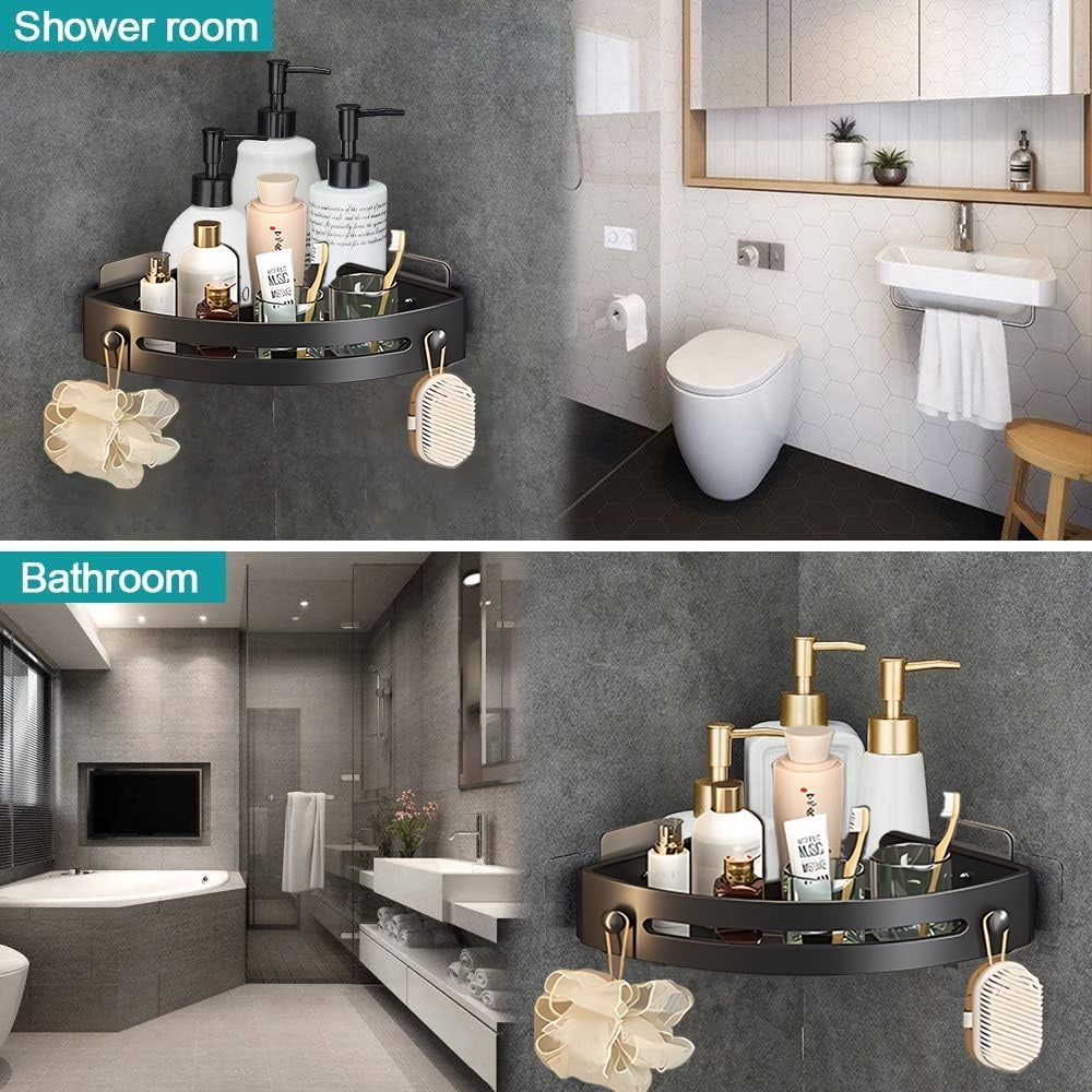 4-Tier Corner Shower Shelf No Drill Adhesive Wall Mounted Bathroom Organizer, Strong Adhesive PP Space Aluminum Quick Dry Water Drainage Removable Shower Caddy for Bathroom - Black