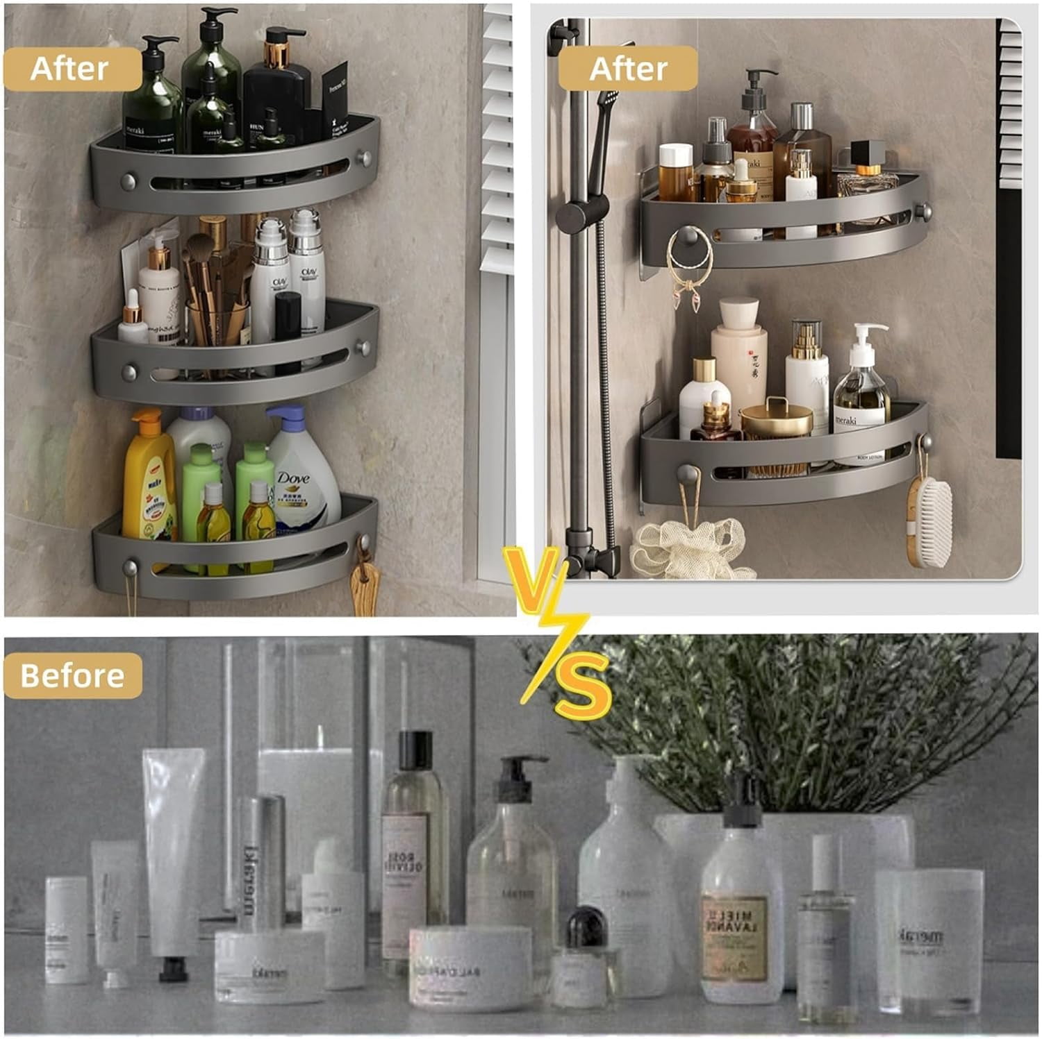 4-Tier Corner Shower Shelf No Drill Adhesive Wall Mounted Bathroom Organizer, Strong Adhesive PP Space Aluminum Quick Dry Water Drainage Removable Shower Caddy for Bathroom - Black