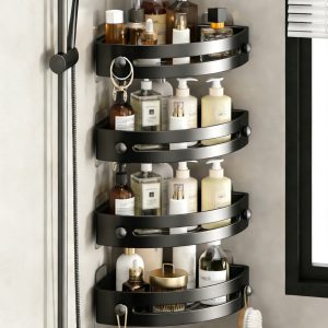 4-Tier Corner Shower Shelf No Drill Adhesive Wall Mounted Bathroom Organizer, Strong Adhesive PP Space Aluminum Quick Dry Water Drainage Removable Shower Caddy for Bathroom - Black
