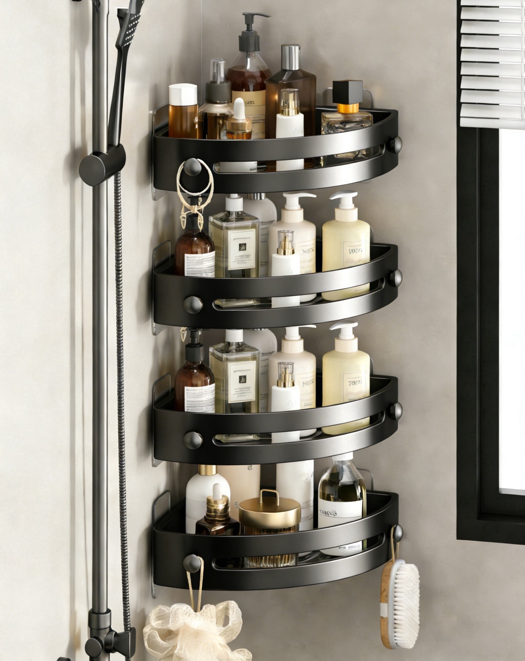 4-Tier Corner Shower Shelf No Drill Adhesive Wall Mounted Bathroom Organizer, Strong Adhesive PP Space Aluminum Quick Dry Water Drainage Removable Shower Caddy for Bathroom - Black