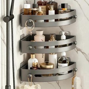 3-Tier Corner Shower Shelf No Drilling Adhesive Wall Mounted, Waterproof Bathroom Shower Caddy Organizer, No Hooks Space Saving PP Material Shower Corner Shelf for Bathroom - Gray