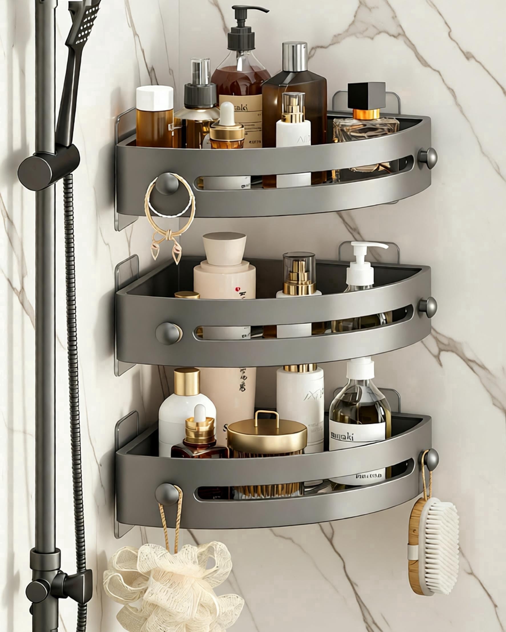 3-Tier Corner Shower Shelf No Drilling Adhesive Wall Mounted, Waterproof Bathroom Shower Caddy Organizer, No Hooks Space Saving PP Material Shower Corner Shelf for Bathroom - Gray