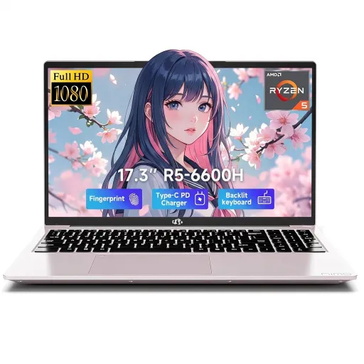 17.3" IPS FHD Gaming Laptop 32GB DDR5 RAM 1TB SSD AMD Ryzen 5 6600H (Beat i7-1165G7 Up to 4.5GHz) Radeon 660M GPU with 100W Type-C Backlit Keyboard Fingerprint RoseGold