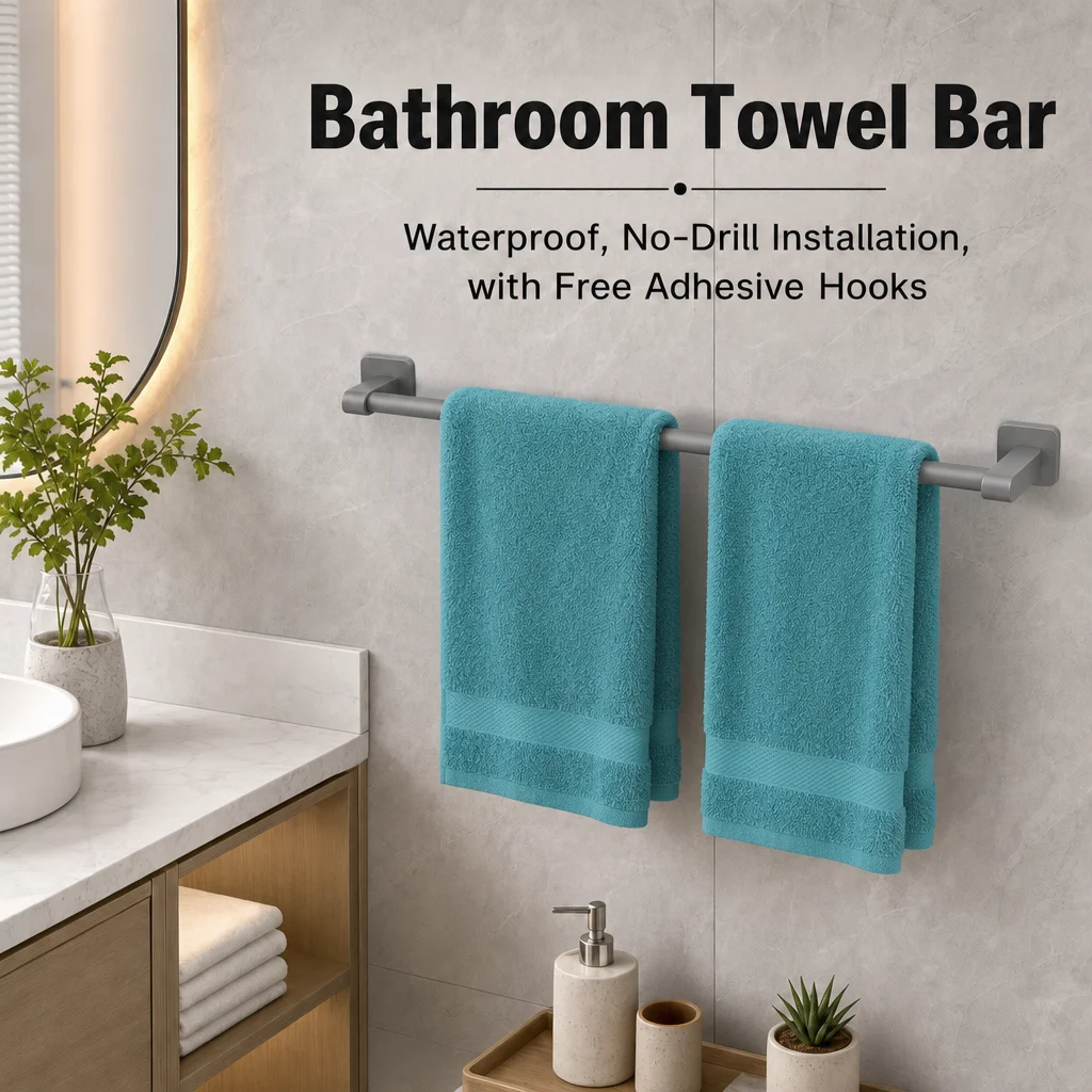 Towel Racks for Bathroom, 24 Inch Adhesive Towel Bar Wall Mounted, No Drill Self Adhesive Hand Towel Holder for Kitchen, Space Aluminum Rustproof