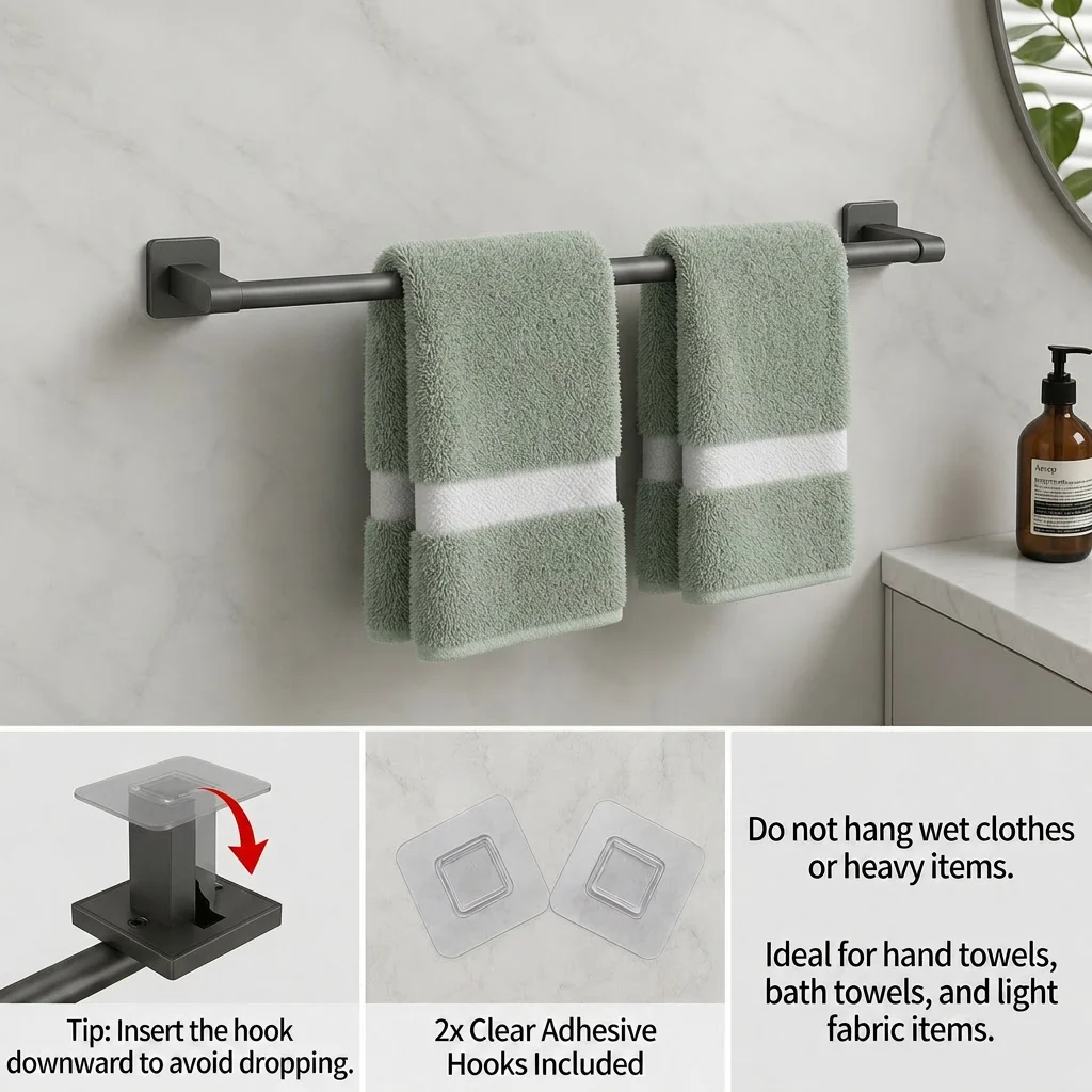 Towel Racks for Bathroom, 24 Inch Adhesive Towel Bar Wall Mounted, No Drill Self Adhesive Hand Towel Holder for Kitchen, Space Aluminum Rustproof