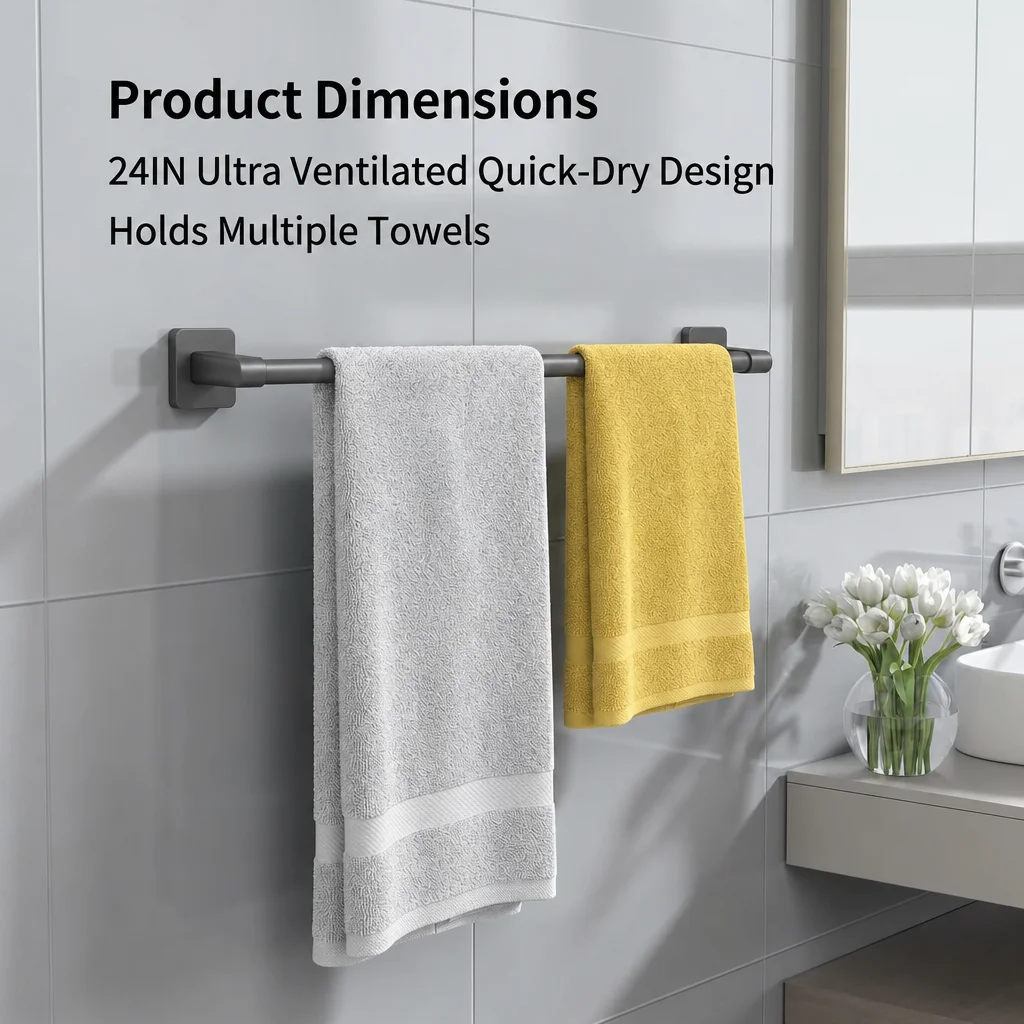 Towel Racks for Bathroom, 24 Inch Adhesive Towel Bar Wall Mounted, No Drill Self Adhesive Hand Towel Holder for Kitchen, Space Aluminum Rustproof